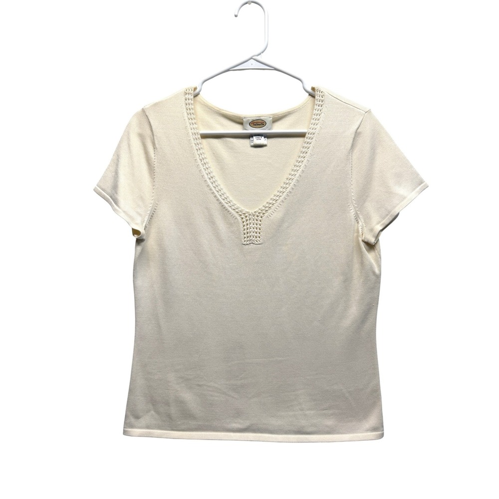 Vtg Talbots Womens Silk Blend Short Sleeve V-Neck Knit Sweater Cream Ivory M